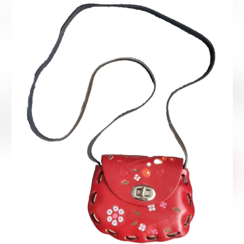 Vintage Tooled Mini Bag Red Leather Coins Cards Money Purse Mexico Floral Design